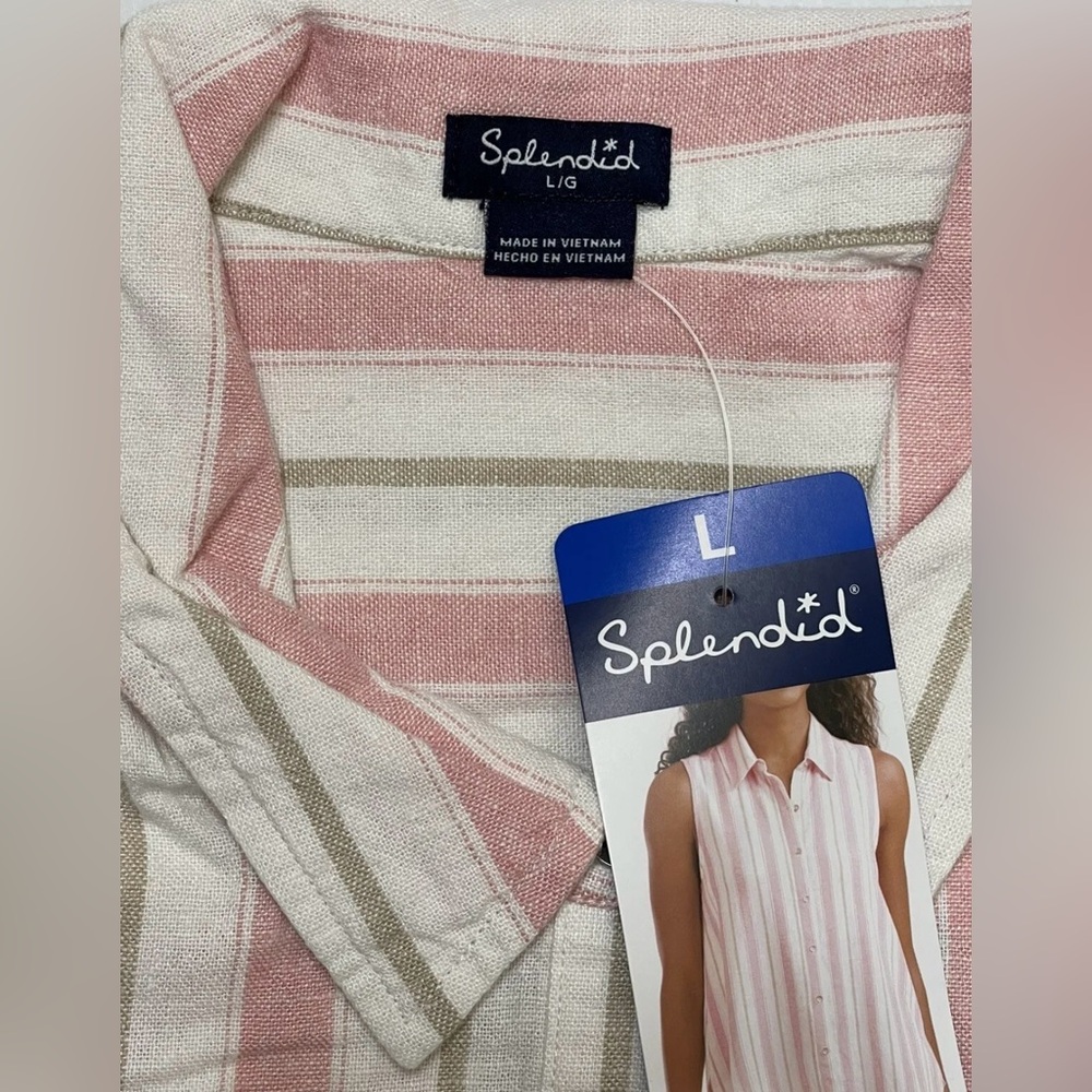 Splendid Women’s Pink Striped Sleeveless Soft Button Up Collared Linen Shirt L - Picture 6 of 9